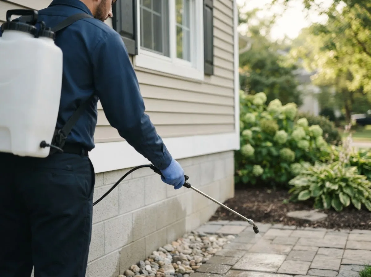 Pest control technician inspecting a home in Smiley, TX